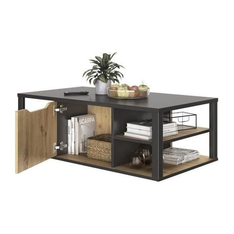GAMI Table basse bar- Décor Noir et chene Artisan - L 110 x H 38 x P 60 cm - DAKOTA