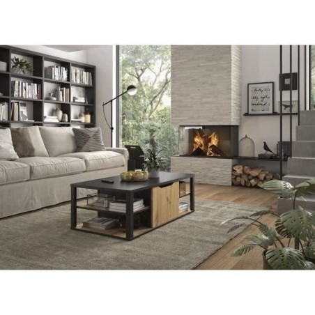 GAMI Table basse bar- Décor Noir et chene Artisan - L 110 x H 38 x P 60 cm - DAKOTA