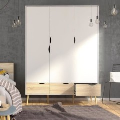 Armoire - Blanc / Chene - 3 portes / 3 tiroirs - Pietement évasé en bois massif - Chambre - 147,2 x 58,1 x 200,1 cm