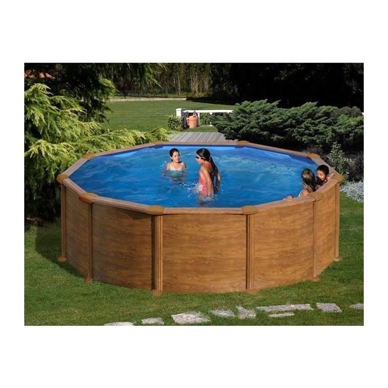 GRE - Kit Piscine hors sol acier ronde imitation bois - Ø480 x H132 cm (Livrée avec filtre a sable + échelle)