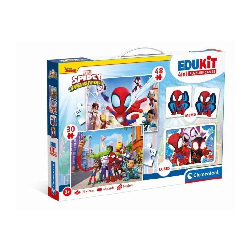 Clementoni - Edukit - Spidey -Coffret apprentissage 4 en 1 - 2 puzzles, 1 mémo, 1 jeu de 6 cubes - Fabriqué en Italie - Dés 4